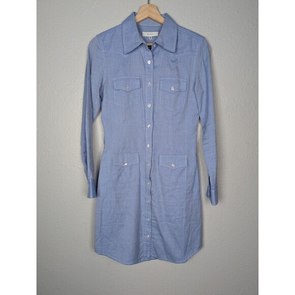 Milly Women's Shirt Dress Blue Size 2 Modest Long Sleeves Collared Button Up 139 - Picture 2 of 11